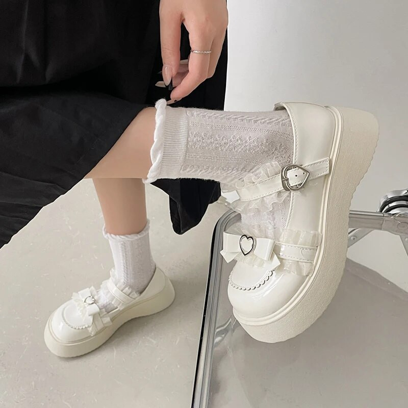 ZOKI Sweet Lace Bowknot Lolita Batai Moteriški 2023 Širdies sagties platforma Mary Janes Woman Mieli stora apačia neslystantys JK batai
