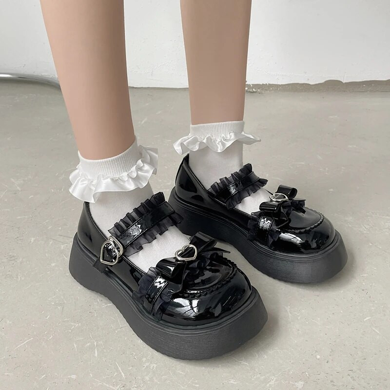 ZOKI Sweet Lace Bowknot Lolita Batai Moteriški 2023 Širdies sagties platforma Mary Janes Woman Mieli stora apačia neslystantys JK batai