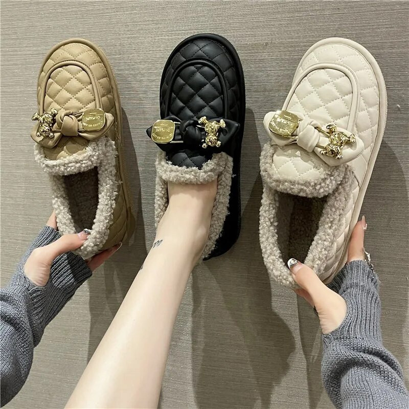 Moteriški Batai Rudens Modis Laisvalaikiai Moteriški sportbačiai Loafers Kailiniai Prisegamas lankas-Mazgas Apvalus pirštas Ruduo 2022 m. Užsegamas žiemos drugelis Mokas