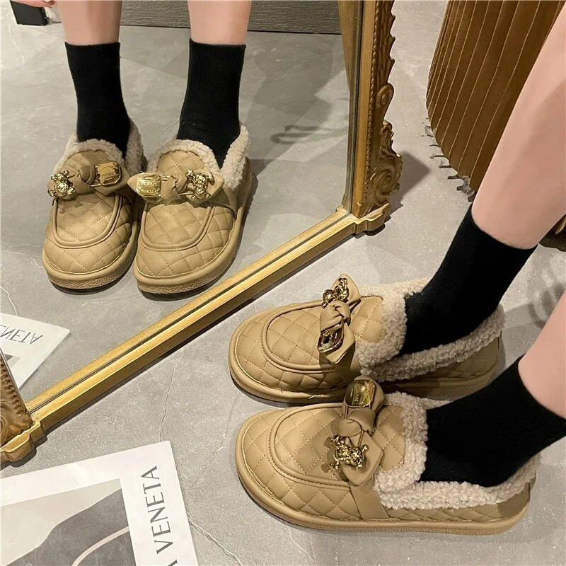 Moteriški Batai Rudens Modis Laisvalaikiai Moteriški sportbačiai Loafers Kailiniai Prisegamas lankas-Mazgas Apvalus pirštas Ruduo 2022 m. Užsegamas žiemos drugelis Mokas