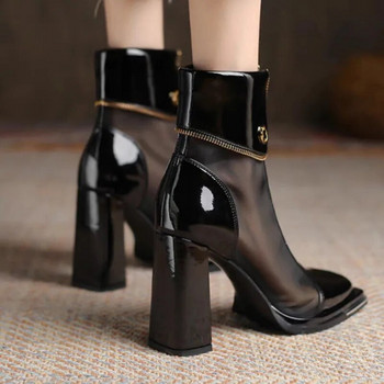 Модни ботуши със супер висок дебел ток Дамски обувки с цип с квадратни пръсти, лачени марлени боти до глезена Temperament Ladies Cool Boots