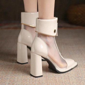 Модни ботуши със супер висок дебел ток Дамски обувки с цип с квадратни пръсти, лачени марлени боти до глезена Temperament Ladies Cool Boots