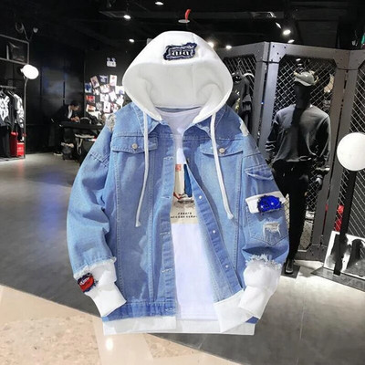 Džinsu jaka Vīriešu ar kapuci Slim Fit Ikdienas ielas apģērbs Džins Jakas ar garām piedurknēm Moderns Virsdrēbes Rudens ziemas jaka Mētelis vīriešiem