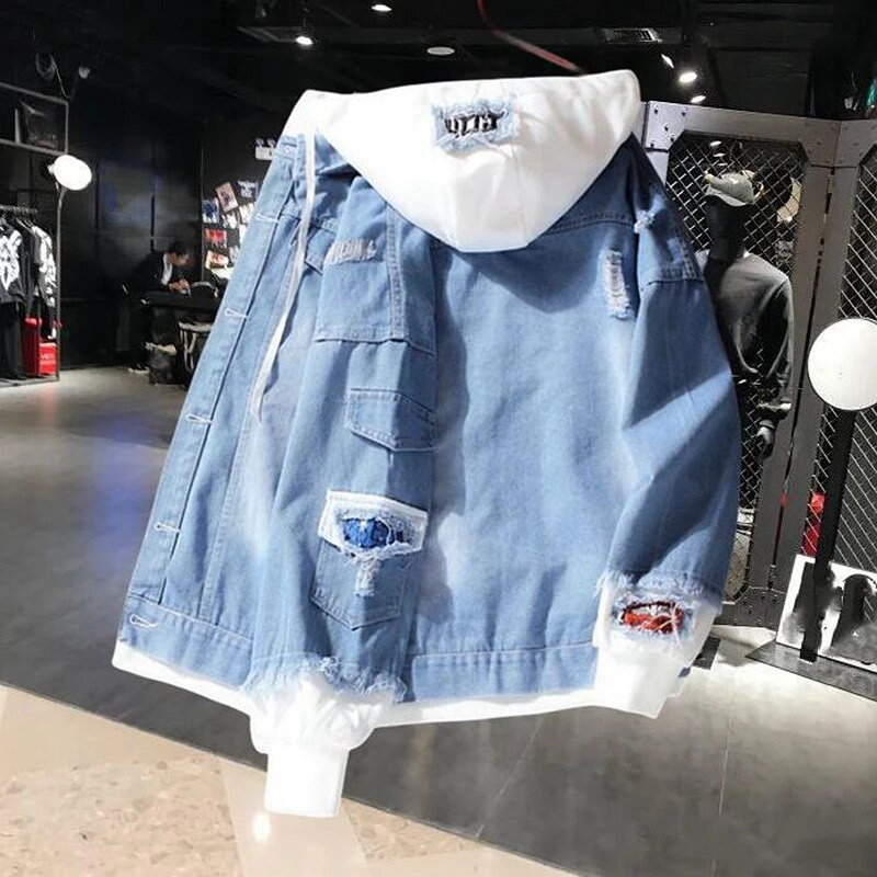 Džinsu jaka Vīriešu ar kapuci Slim Fit Ikdienas ielas apģērbs Džins Jakas ar garām piedurknēm Moderns Virsdrēbes Rudens ziemas jaka Mētelis vīriešiem