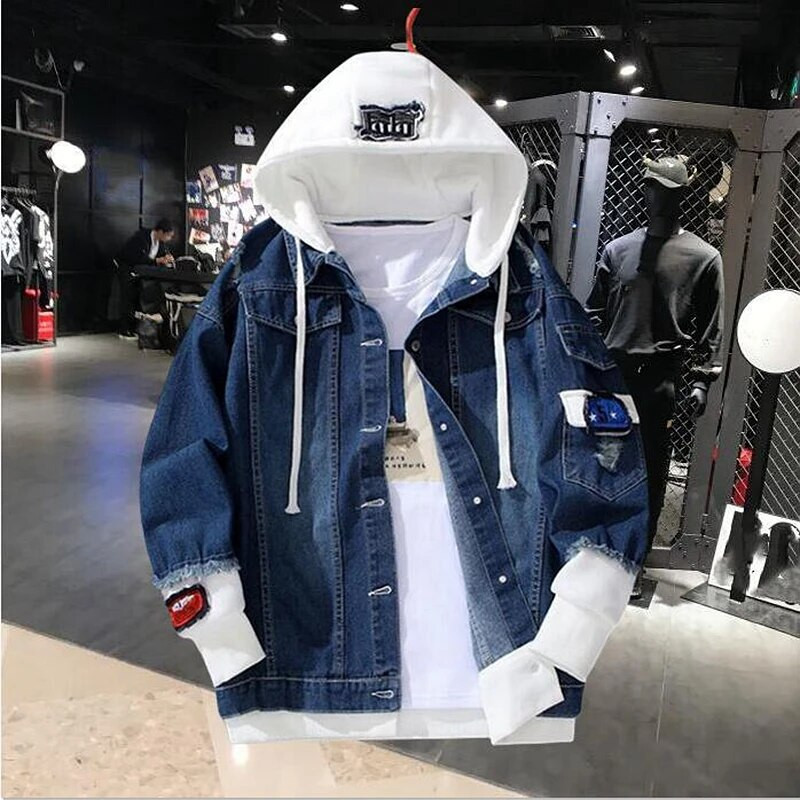 Džinsu jaka Vīriešu ar kapuci Slim Fit Ikdienas ielas apģērbs Džins Jakas ar garām piedurknēm Moderns Virsdrēbes Rudens ziemas jaka Mētelis vīriešiem