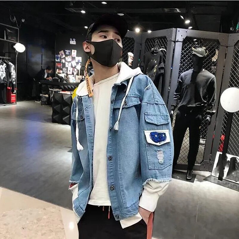 Džinsu jaka Vīriešu ar kapuci Slim Fit Ikdienas ielas apģērbs Džins Jakas ar garām piedurknēm Moderns Virsdrēbes Rudens ziemas jaka Mētelis vīriešiem