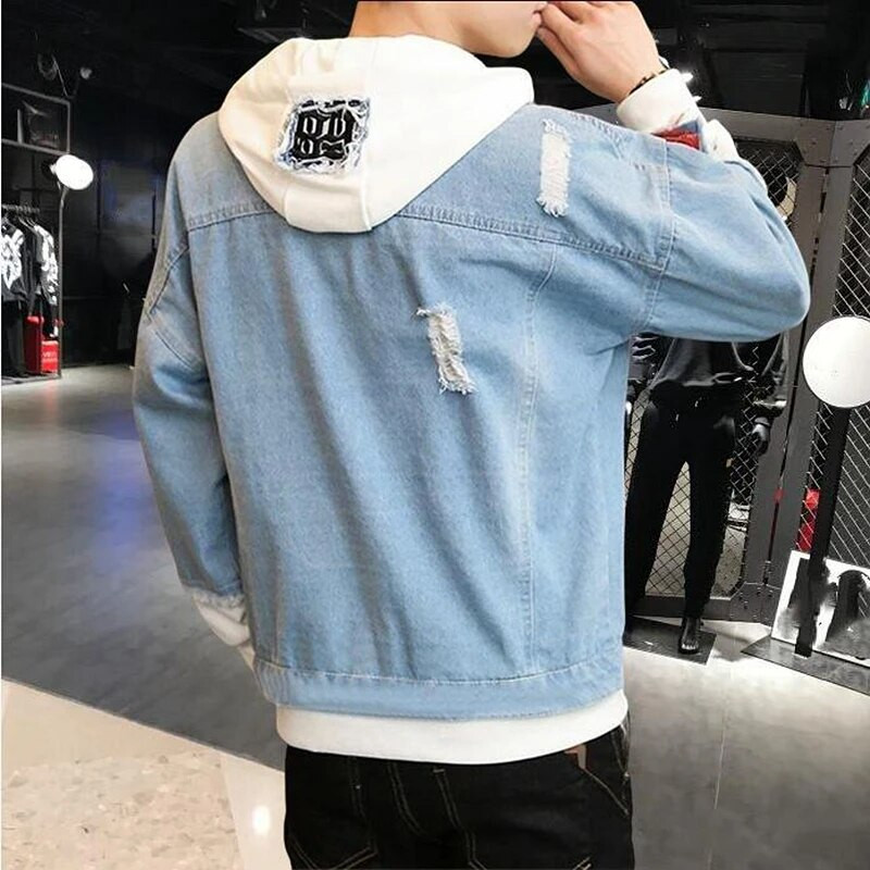 Džinsu jaka Vīriešu ar kapuci Slim Fit Ikdienas ielas apģērbs Džins Jakas ar garām piedurknēm Moderns Virsdrēbes Rudens ziemas jaka Mētelis vīriešiem