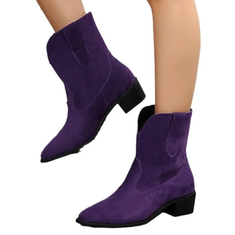 Μόδα σουέτ με μυτερές γυναικείες μπότες Κοντές μπότες με μασίφ χοντρό τακούνι slip σε ψηλοτάκουνες μπότες αστράγαλο Φθινοπωρινό χειμερινό casual γυναικείο παπούτσι