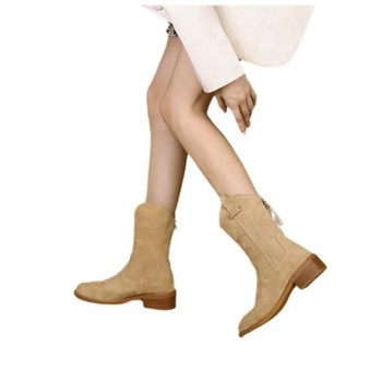 Γυναικείες δερμάτινες μπότες σουέτ ρετρό μονόχρωμες μπότες αστραγάλου φθινοπώρου Νέο στρογγυλό δάχτυλο με χοντρό τακούνι Γυναικεία παπούτσια Casual Western Cowboy Boots