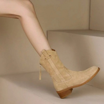 Γυναικείες δερμάτινες μπότες σουέτ ρετρό μονόχρωμες μπότες αστραγάλου φθινοπώρου Νέο στρογγυλό δάχτυλο με χοντρό τακούνι Γυναικεία παπούτσια Casual Western Cowboy Boots