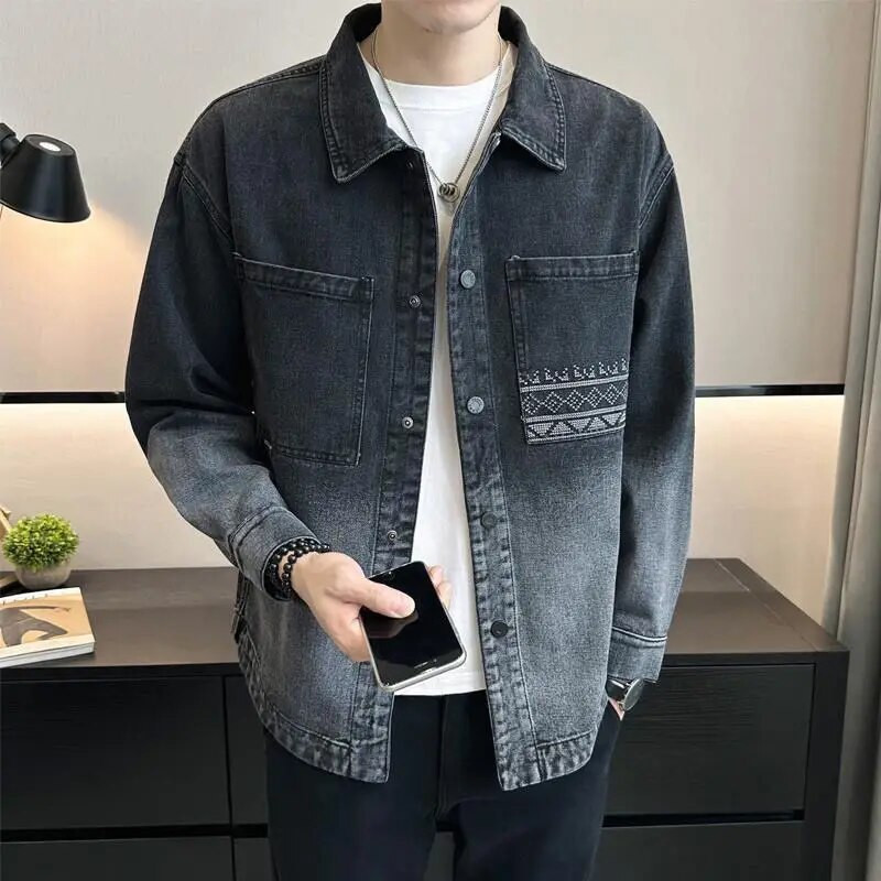 Vyriški džinsiniai paltai Long Cargo vyriška džinsinė striukė juoda su siuvinėjimu gradiento spalva Elatic Korea Y2k Designer Fast Delvery G Rock