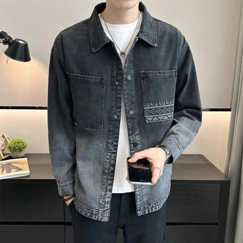 Vyriški džinsiniai paltai Long Cargo vyriška džinsinė striukė juoda su siuvinėjimu gradiento spalva Elatic Korea Y2k Designer Fast Delvery G Rock