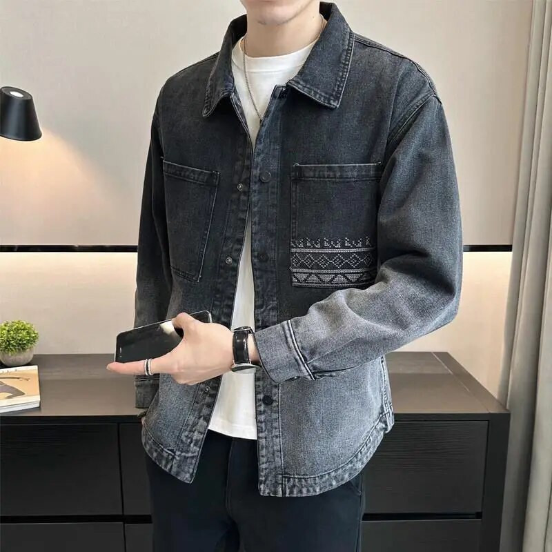 Vyriški džinsiniai paltai Long Cargo vyriška džinsinė striukė juoda su siuvinėjimu gradiento spalva Elatic Korea Y2k Designer Fast Delvery G Rock