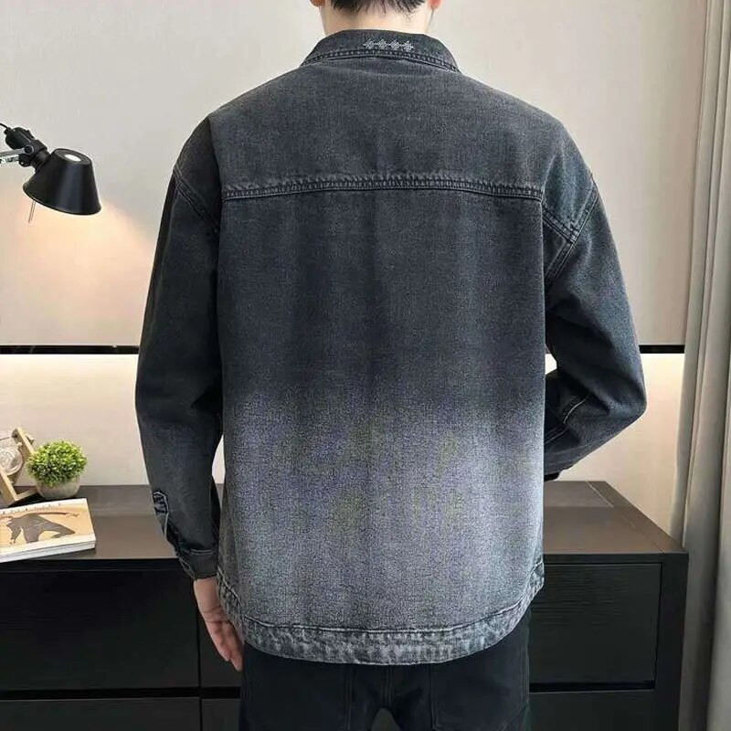 Vyriški džinsiniai paltai Long Cargo vyriška džinsinė striukė juoda su siuvinėjimu gradiento spalva Elatic Korea Y2k Designer Fast Delvery G Rock