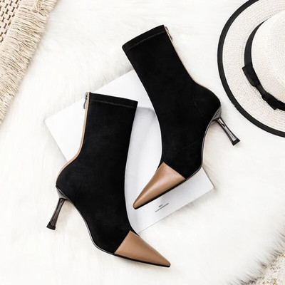 Γυναικείες βελούδινες ψηλοτάκουνες μπότες με μυτερές μύτη Δερμάτινες μπότες φθινοπώρου χειμώνα Νέα στιλέτα με φερμουάρ Mid Calf Γυναικείες μπότες Pumps