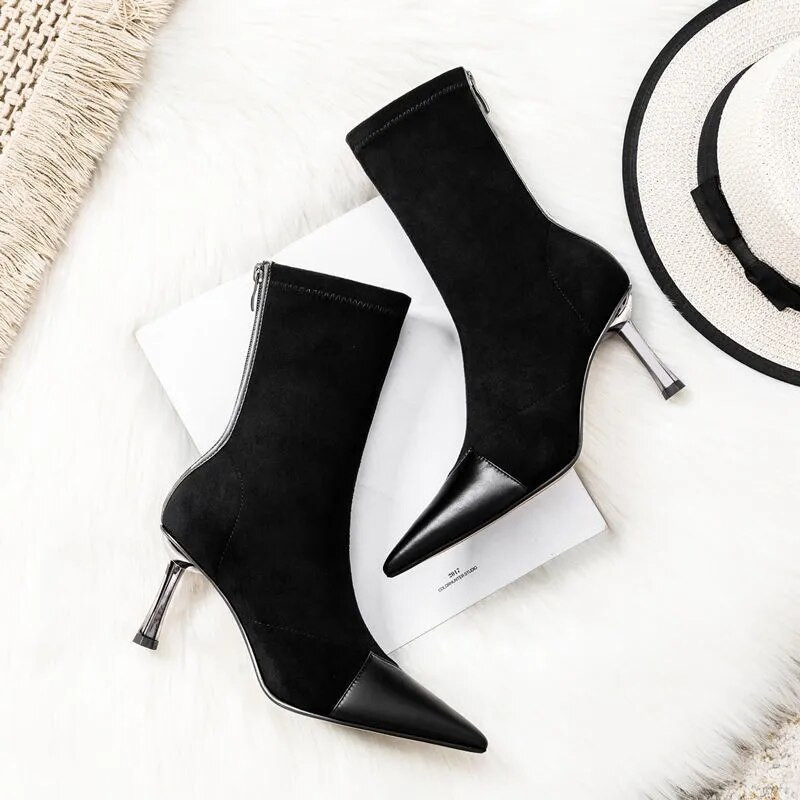 Γυναικείες βελούδινες ψηλοτάκουνες μπότες με μυτερές μύτη Δερμάτινες μπότες φθινοπώρου χειμώνα Νέα στιλέτα με φερμουάρ Mid Calf Γυναικείες μπότες Pumps