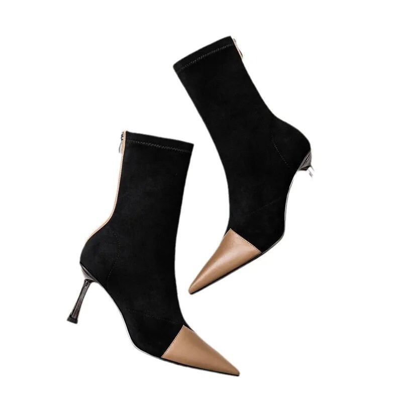 Γυναικείες βελούδινες ψηλοτάκουνες μπότες με μυτερές μύτη Δερμάτινες μπότες φθινοπώρου χειμώνα Νέα στιλέτα με φερμουάρ Mid Calf Γυναικείες μπότες Pumps