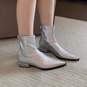 Madingi odiniai kulkšnies batai moterims Sexy Point Toe Sidabriniai moteriški trumpi batai Pavasaris Ruduo Pavasaris Žemakulniai Moteriški Batai Botines