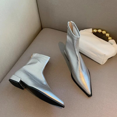 Madingi odiniai kulkšnies batai moterims Sexy Point Toe Sidabriniai moteriški trumpi batai Pavasaris Ruduo Pavasaris Žemakulniai Moteriški Batai Botines