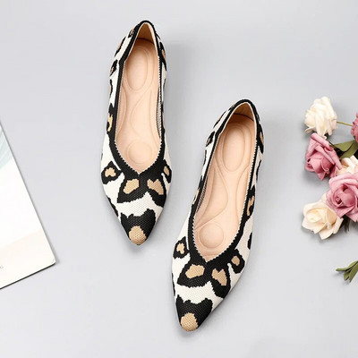 2023 Γυναικεία παπούτσια Spring New Leopard Print Μονόχρωμες μπαλαρίνες Πλεκτά Άνετα παπούτσια με μυτερά Flat Footware Plus Size 43