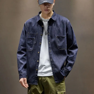 Vyriški džinsiniai paltai krovininiai marškinėliai Vyriška džinsinė striukė Mėlyna, platūs pečiai, ilgi pigūs elastiniai vyriški drabužiai madingi drabužiai madinga kaina G