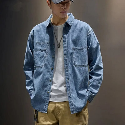 Vyriški džinsiniai paltai krovininiai marškinėliai Vyriška džinsinė striukė Mėlyna, platūs pečiai, ilgi pigūs elastiniai vyriški drabužiai madingi drabužiai madinga kaina G