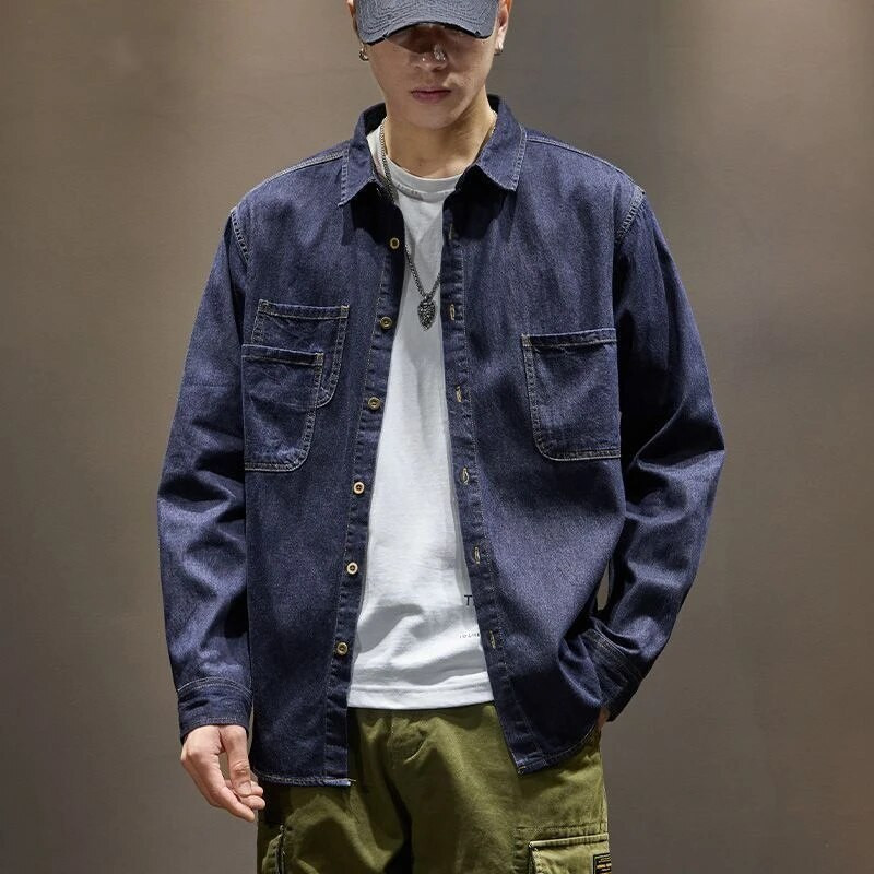 Vyriški džinsiniai paltai krovininiai marškinėliai Vyriška džinsinė striukė Mėlyna, platūs pečiai, ilgi pigūs elastiniai vyriški drabužiai madingi drabužiai madinga kaina G