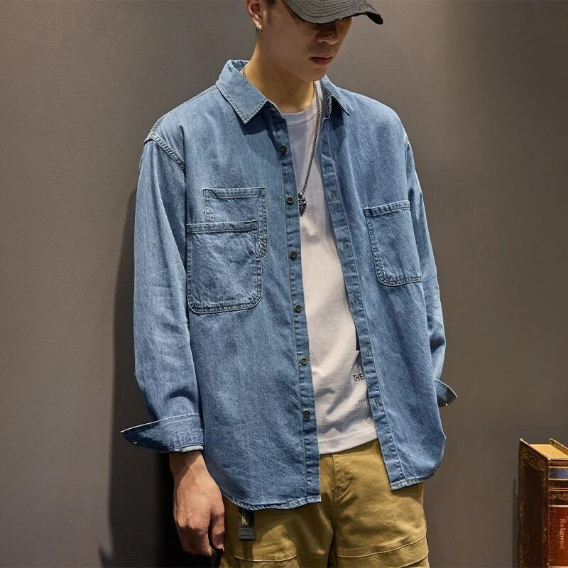 Vyriški džinsiniai paltai krovininiai marškinėliai Vyriška džinsinė striukė Mėlyna, platūs pečiai, ilgi pigūs elastiniai vyriški drabužiai madingi drabužiai madinga kaina G