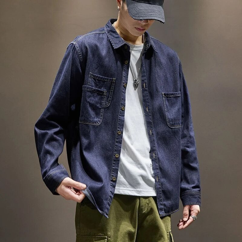 Vyriški džinsiniai paltai krovininiai marškinėliai Vyriška džinsinė striukė Mėlyna, platūs pečiai, ilgi pigūs elastiniai vyriški drabužiai madingi drabužiai madinga kaina G
