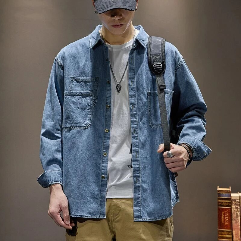 Vyriški džinsiniai paltai krovininiai marškinėliai Vyriška džinsinė striukė Mėlyna, platūs pečiai, ilgi pigūs elastiniai vyriški drabužiai madingi drabužiai madinga kaina G