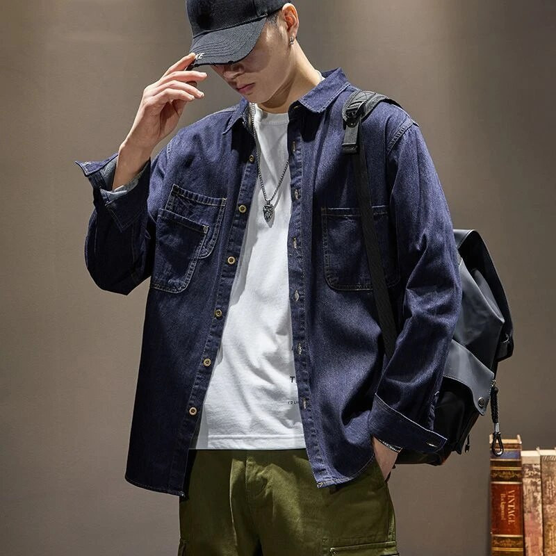Vyriški džinsiniai paltai krovininiai marškinėliai Vyriška džinsinė striukė Mėlyna, platūs pečiai, ilgi pigūs elastiniai vyriški drabužiai madingi drabužiai madinga kaina G