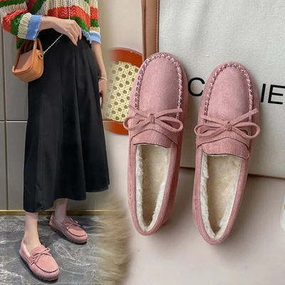 Moteriški mokasinai Minkšta plokščia pūkuota avalynė Žieminiai moteriški batai namuose Šilti pliušiniai lankeliai ant 2023 m. senovinės mados patogūs batai