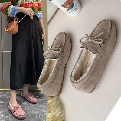 Moteriški mokasinai Minkšta plokščia pūkuota avalynė Žieminiai moteriški batai namuose Šilti pliušiniai lankeliai ant 2023 m. senovinės mados patogūs batai