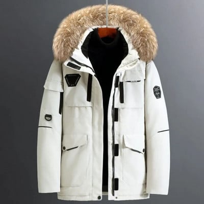 Bieza vīriešu dūnu jaka liela kažokādas apkakle, silta parka sniega virsdrēbes -30 grādi Vīriešu ikdienas ūdensizturīgs dūnu mētelis ziemas mētelis, izmērs 3XL