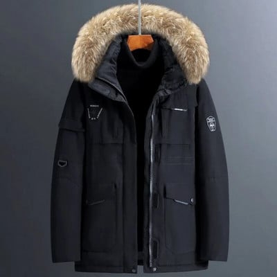 Bieza vīriešu dūnu jaka liela kažokādas apkakle, silta parka sniega virsdrēbes -30 grādi Vīriešu ikdienas ūdensizturīgs dūnu mētelis ziemas mētelis, izmērs 3XL