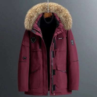 Bieza vīriešu dūnu jaka liela kažokādas apkakle, silta parka sniega virsdrēbes -30 grādi Vīriešu ikdienas ūdensizturīgs dūnu mētelis ziemas mētelis, izmērs 3XL