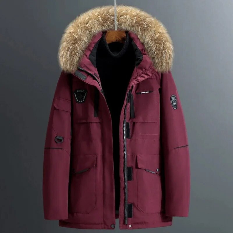 Bieza vīriešu dūnu jaka liela kažokādas apkakle, silta parka sniega virsdrēbes -30 grādi Vīriešu ikdienas ūdensizturīgs dūnu mētelis ziemas mētelis, izmērs 3XL