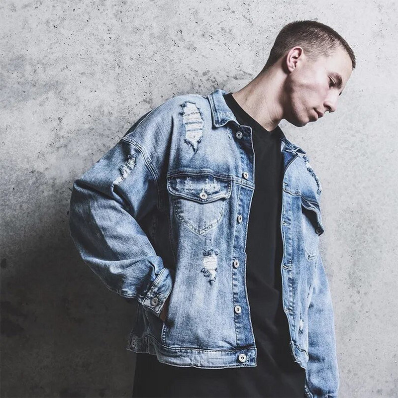 Proljetna jakna od poderanog trapera od 95% pamuka Muški 2023. Muški jeans kaput Prevelike kaubojske jakne dugih rukava Ulična odjeća Kvalitetna