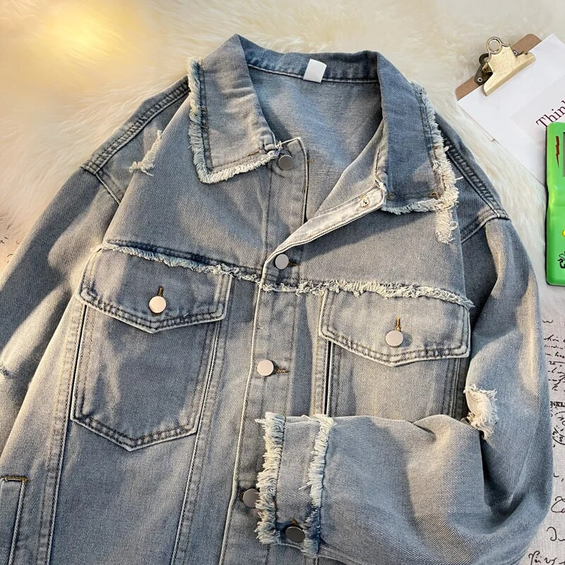 Vienpusė džinsinė striukė vyriška pavasario ir rudens Nauja laisvalaikio universalus atvartas plonas ilgomis rankovėmis vienspalvės striukės viršūnės A133