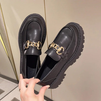2023 Дамски обувки Дамски модни обувки Mary Janes с равни пръсти с кръгли пръсти Мокасини Оксфорд на платформа Ежедневни обувки с метална верига и катарама Дамски обувки на ток Черни