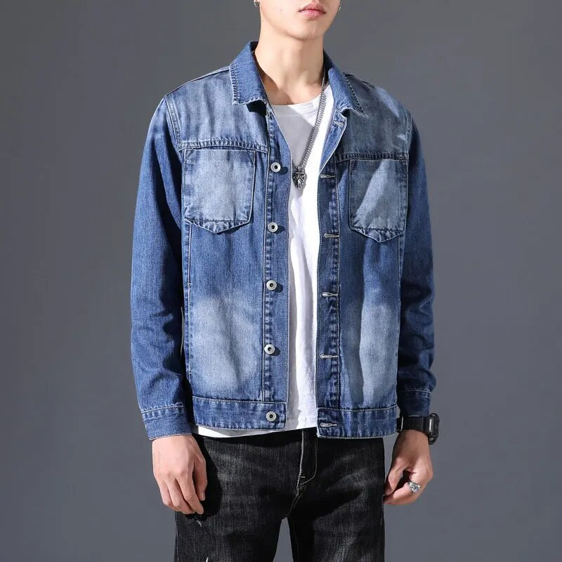 Ανοιξιάτικο τζιν μπουφάν Ανδρικό τζιν παλτό βαμβακερό γιακά γυριστό μακρυμάνικο μεγάλο μέγεθος μόδας ανοιχτό μπλε ρούχα Bomber Μάρκα Cowboy