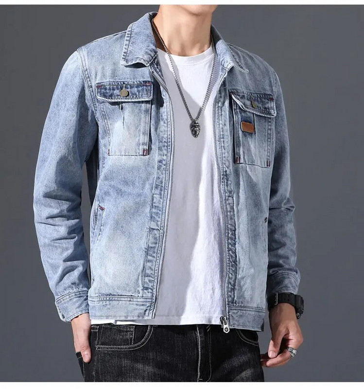 Teksajakk Meeste Teksad Mantel Puuvillane Tugikeste Kaelus Pikad Varrukad Lahtine Tõmblukk Suur Suur Helesinine Riided Bomber Cowboy Brand