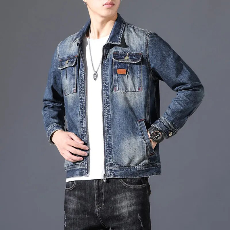 Teksajakk Meeste Teksad Mantel Puuvillane Tugikeste Kaelus Pikad Varrukad Lahtine Tõmblukk Suur Suur Helesinine Riided Bomber Cowboy Brand