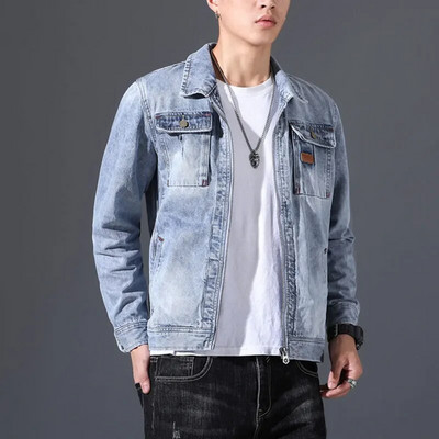 Kevadine teksajakk Meeste Teksad Mantel Puuvillane Tugikeste Kaelus Pikad varrukad Lahtine tõmblukk Suure suurusega Riided Bomber Cowboy Meeste bränd