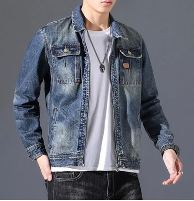 Kevadine teksajakk Meeste Teksad Mantel Puuvillane Tugikeste Kaelus Pikad varrukad Lahtine tõmblukk Suure suurusega Riided Bomber Cowboy Meeste bränd