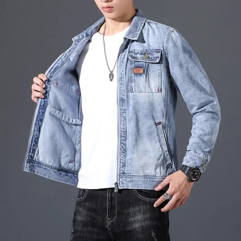 Kevadine teksajakk Meeste Teksad Mantel Puuvillane Tugikeste Kaelus Pikad varrukad Lahtine tõmblukk Suure suurusega Riided Bomber Cowboy Meeste bränd