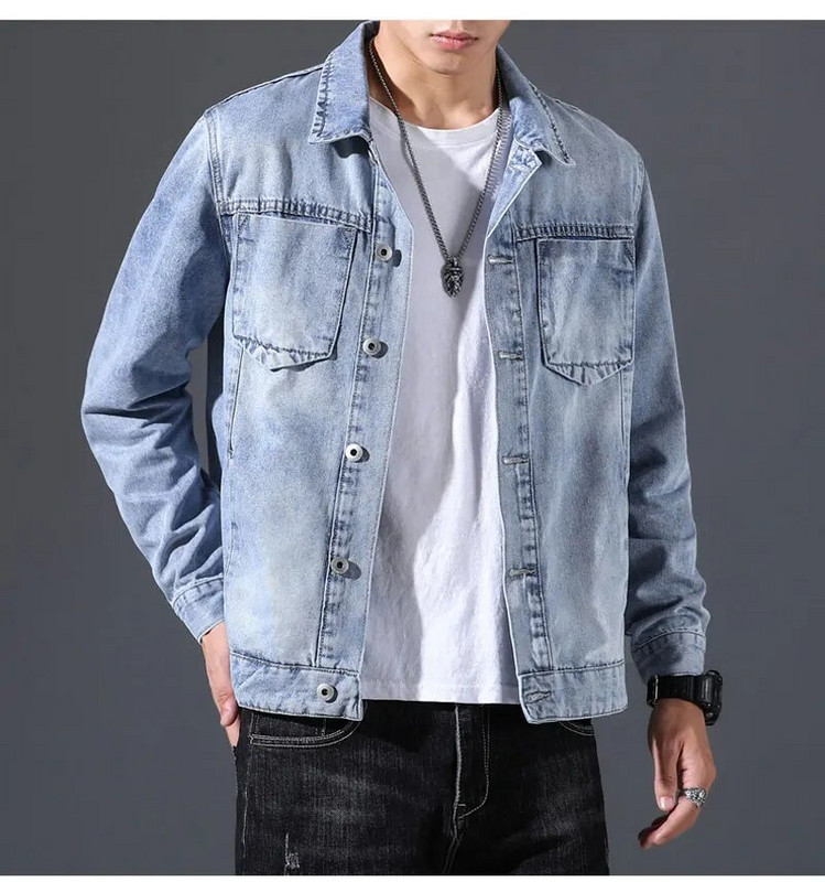 Rudeninė džinsinė striukė Vyriški džinsai paltai medvilninė apykaklė ilgomis rankovėmis, laisvalaikio didelio dydžio šviesiai mėlyni drabužiai Bomber Cowboy prekės ženklas