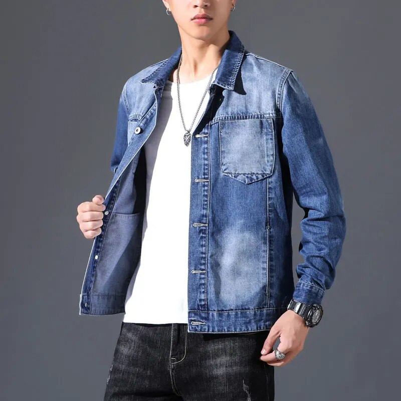 Rudeninė džinsinė striukė Vyriški džinsai paltai medvilninė apykaklė ilgomis rankovėmis, laisvalaikio didelio dydžio šviesiai mėlyni drabužiai Bomber Cowboy prekės ženklas