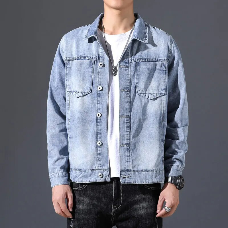 Rudeninė džinsinė striukė Vyriški džinsai paltai medvilninė apykaklė ilgomis rankovėmis, laisvalaikio didelio dydžio šviesiai mėlyni drabužiai Bomber Cowboy prekės ženklas