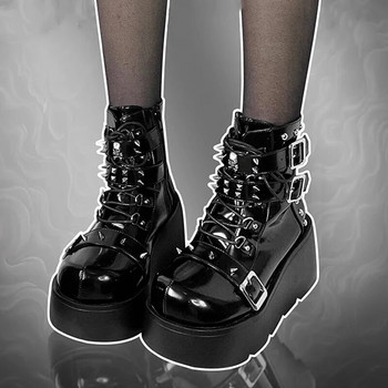 Нитове Декор Пънк ботуши на глезена с масивна платформа Дамски зимни 2023 г. Черни ботуши от изкуствена кожа Demonia Ботуши Дамски готически обувки с метална катарама